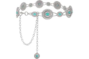 WHIPPY Women Concho Chain Belt Metal Link Western Cowgirl Turquoise Chain Belt for Dress