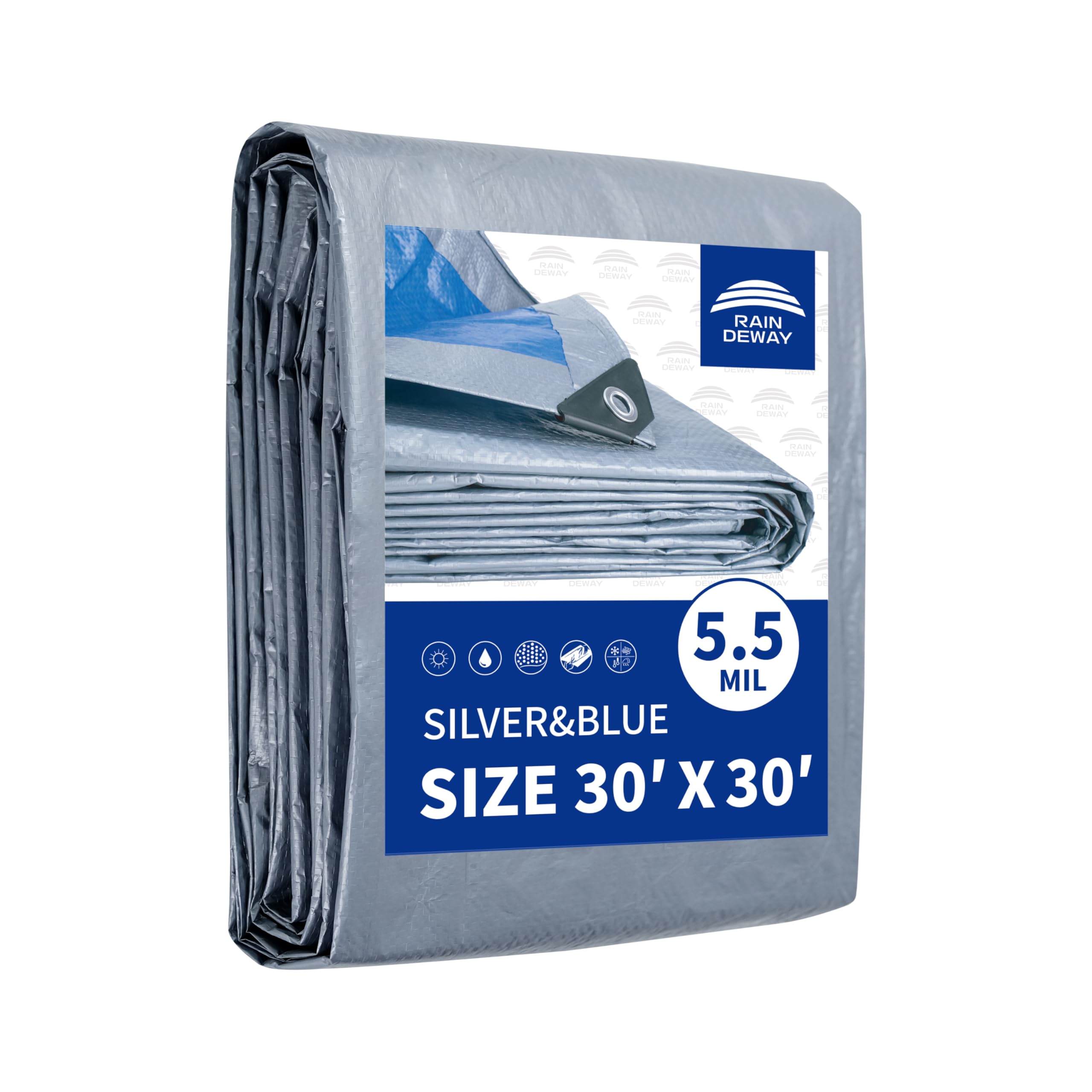 Photo 1 of RAINDEWAY Large Tarps 30x30 Feet, 5.5 Mil - Multipurpose Waterproof Poly Tarp Cover with Metal Grommets and Reinforced Edges, Silver/Blue Tarp