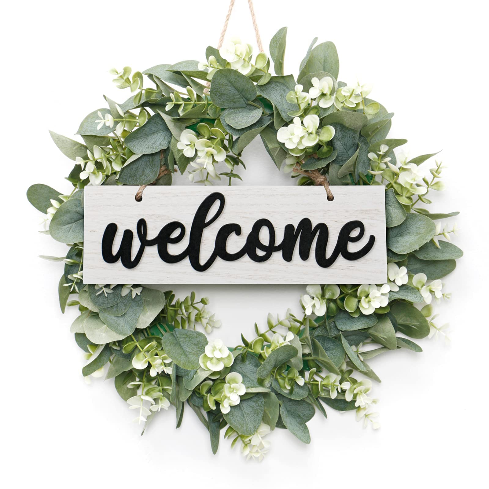SOMYTING Artificial Eucalyptus Wreath with Wooden Welcome Sign,16 Inch Spring wreaths for front door Wall Hanging Accessories Summer Wreath (White Sign)