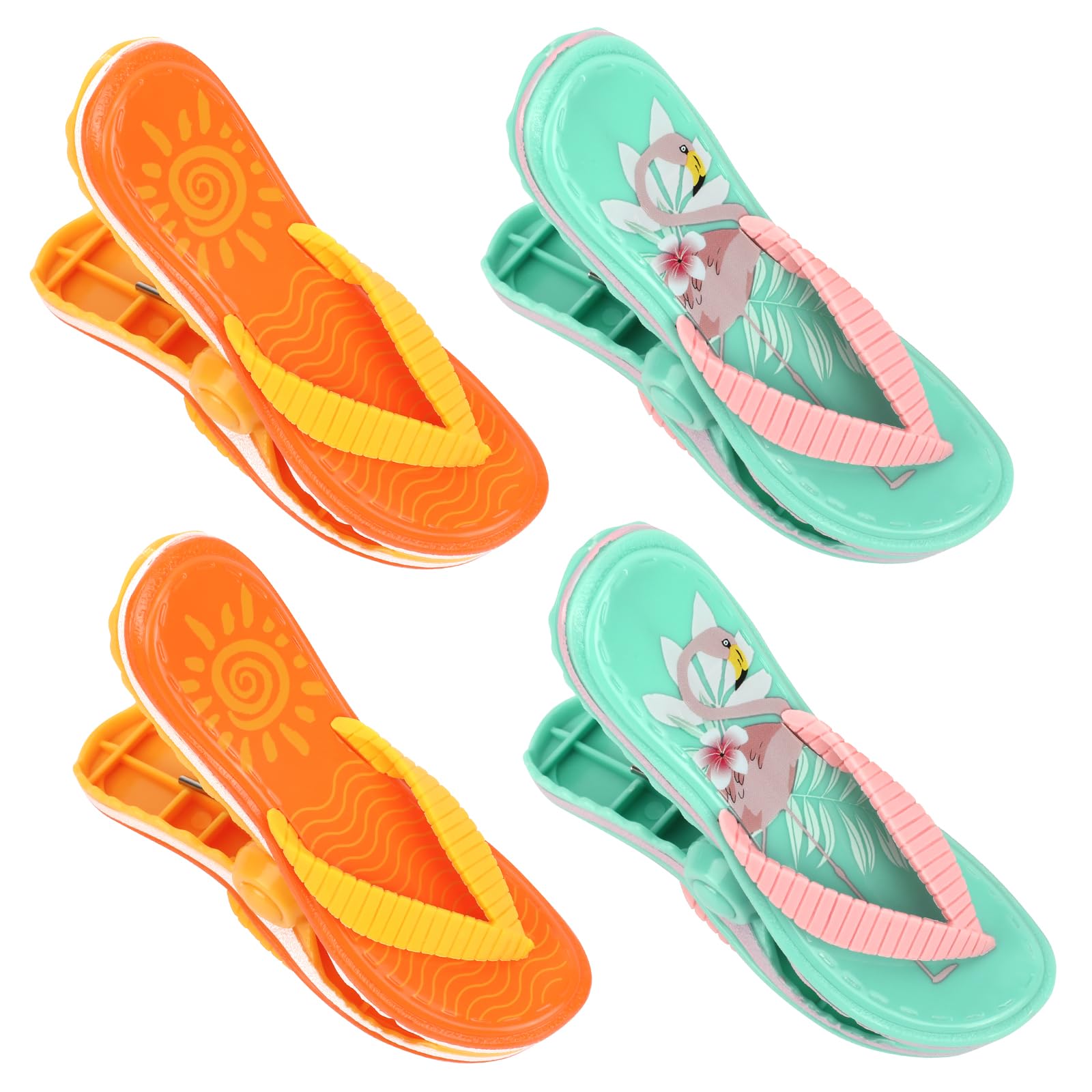 QKURT 4 Pieces Beach Towel Clips, Slipper Clips for Sun Loungers, Large Laundry Clothes Pegs, Pool Towel Pegs for Holiday Pool Beach Chairs(Orange, Green)
