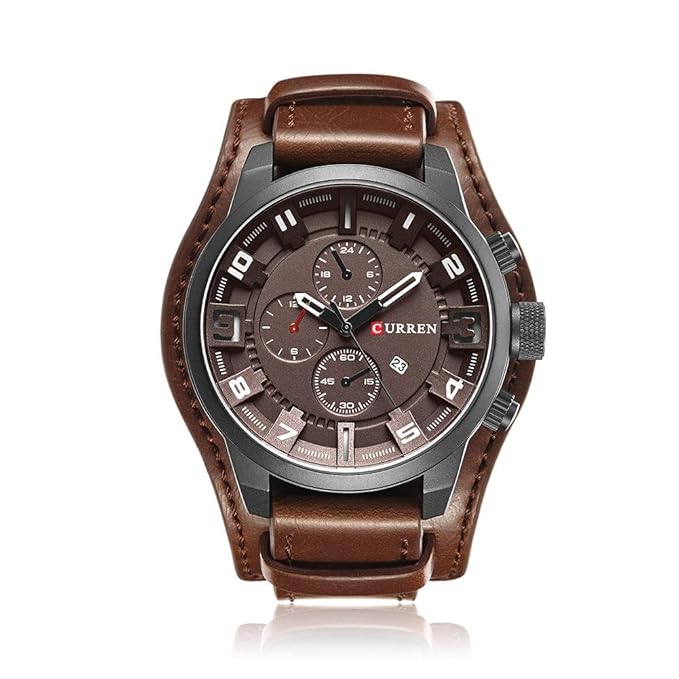 Men Casual Leather Strap Sports Date Analog Quartz Wristwatch/Coffee