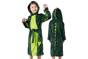 LOLANTA Boys Girls Plush Hooded Bathrobe Dinosaur Fleece Sleep Robe with Belt Kids Animal Soft Sleepwear
