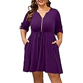 Manllenshie Womens Plus Size Dress Casual Roll up 3/4 Sleeves Zipper V Neck Tie Waist Flowy Loose Dresses with 2 Pockets