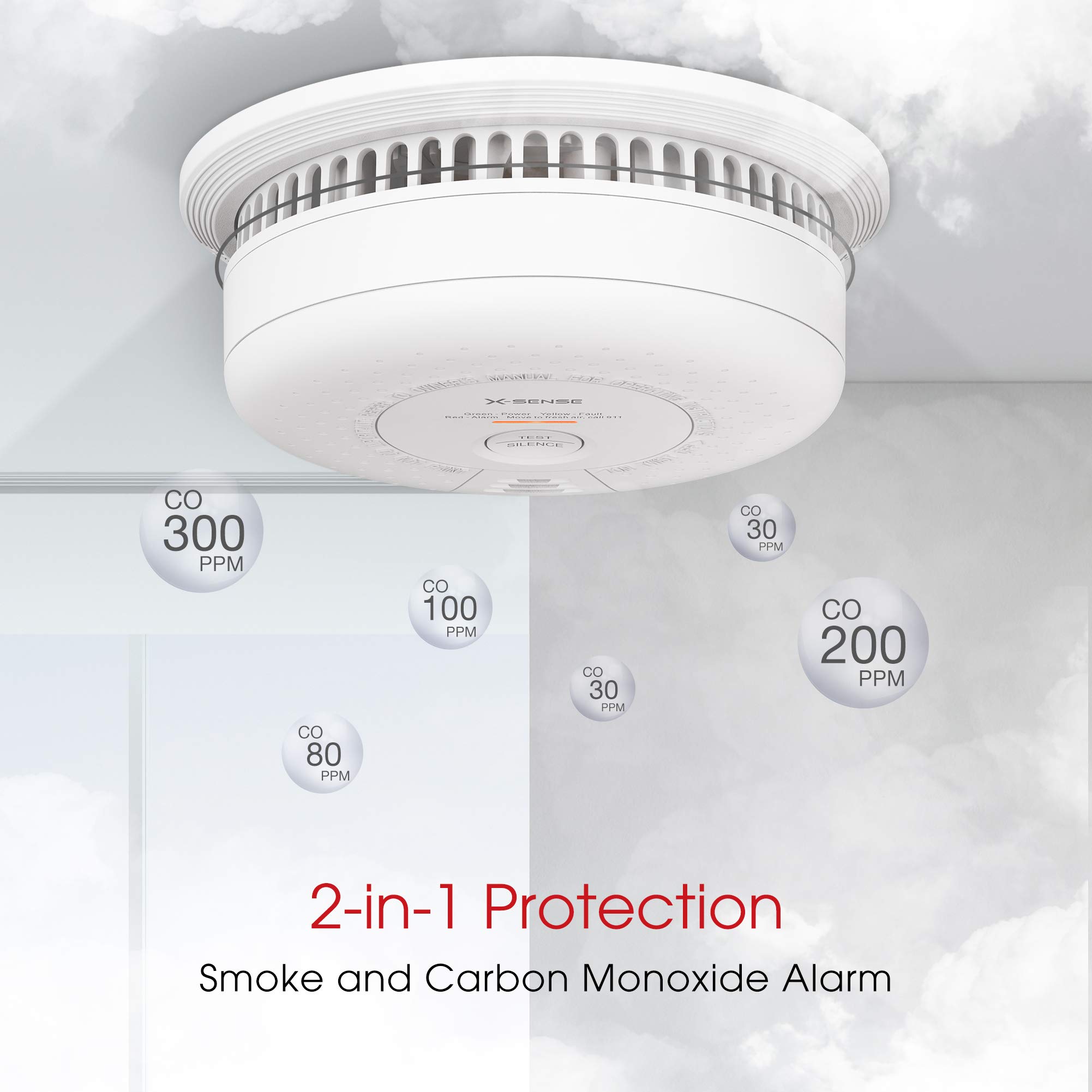 X-Sense 10-Year Battery (Not Hardwired) Combination Smoke and Carbon Monoxide Detector Alarm, Dual Sensor Smoke CO Alarm Complies with UL 217 & UL 2034 Standards, Auto-Check, SC03