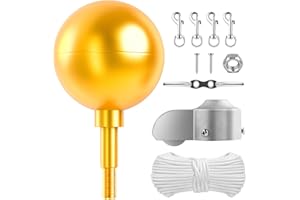 AUROLIT Golden Flag Pole Ball Topper & Hardware Parts Repair Kits, 50FT Halyard Rope, 4" Zinc Cleat Hook, Flag Swivel Snap Clips, Pulley Truck for 1.7"-2.1" Flagpoles(20/25/30FT), Auro 2 Pro - Gold