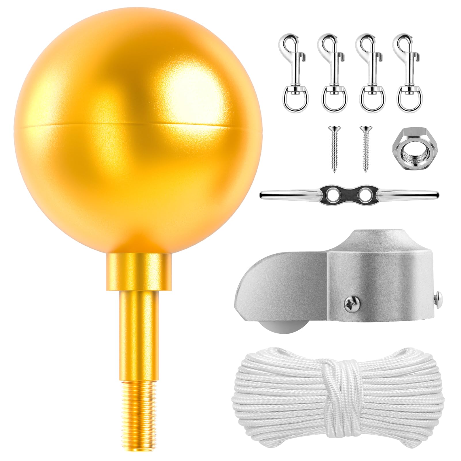 Photo 1 of Golden Flag Pole Ball Topper & Hardware Parts Repair Kits, 50FT Halyard Rope, 4" Zinc Cleat Hook, Flag Swivel Snap Clips, Pulley Truck for 1.7"-2.1" Flagpoles(20/25/30FT), Auro 2 Pro - Gold