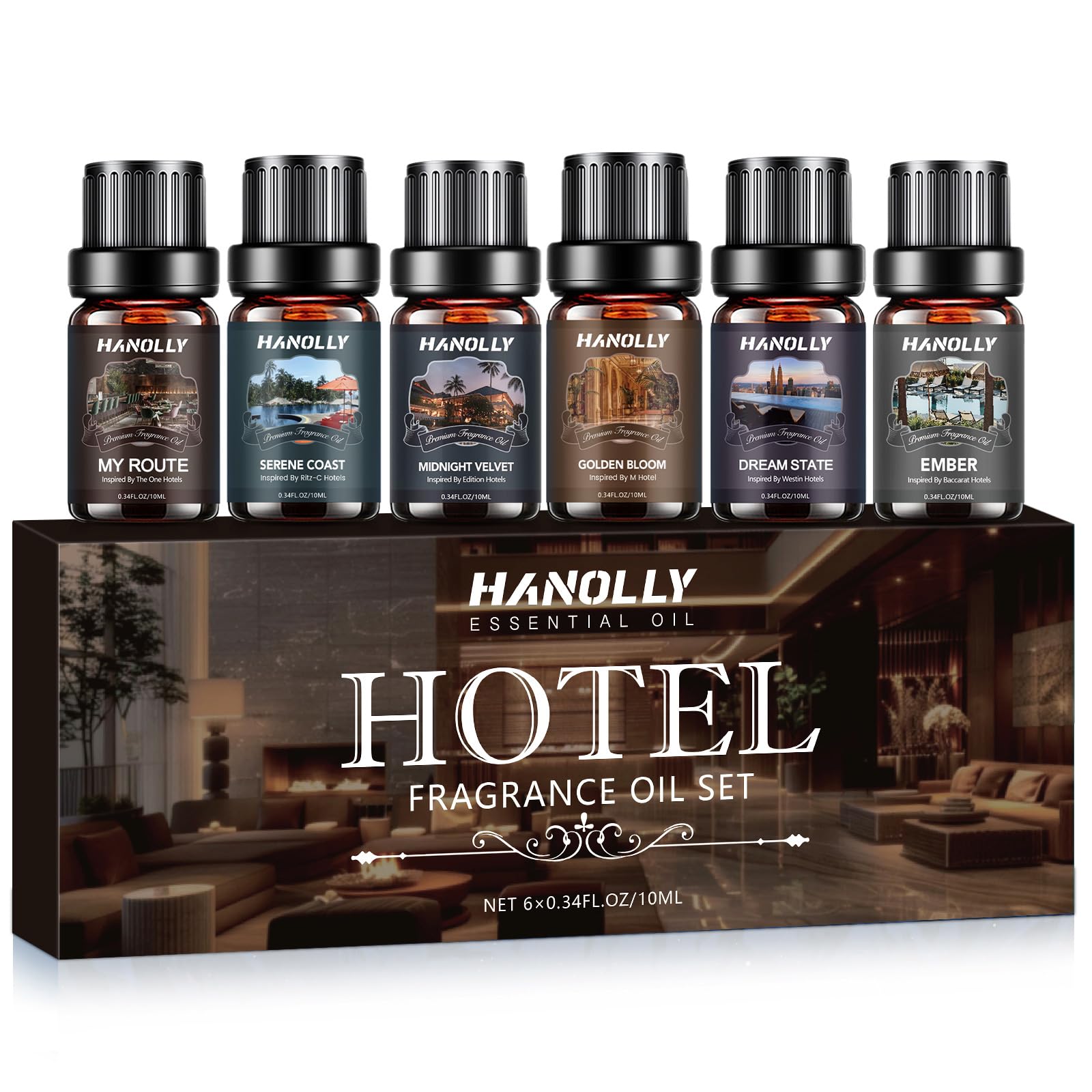 Photo 1 of Hotel Diffuser Oils Gift Set - 6x10ML Luxury Hotel Scent Essential Oils Set for Diffuser, Candle Making - Fragrance Oil, My Route, Ember, Dream State, Serene Coast, Midnight Velvet, Golden Bloom