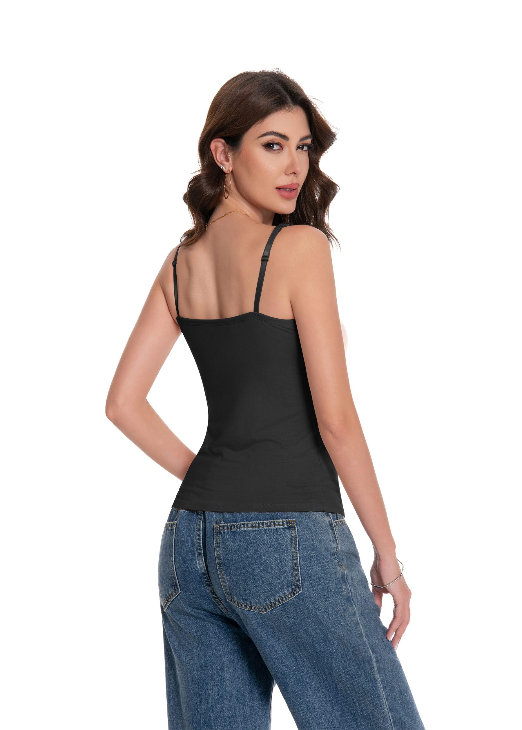 Photo 1 of LuneNuelle Women Camisole Tank Top - Built-in Bra Adjustable Spaghetti Strap Scoop Neck Padded Casual Basic Cami Shirt,Black L