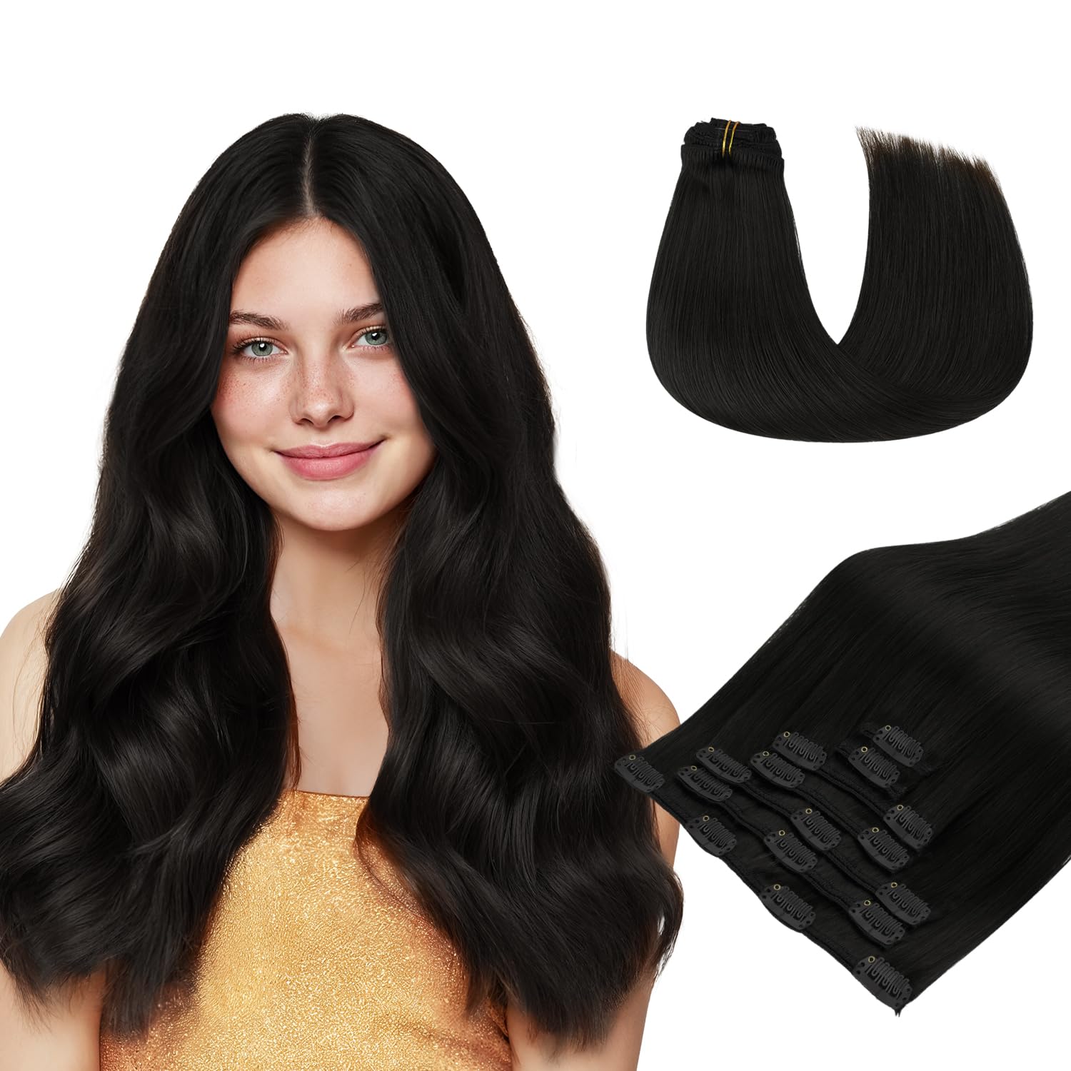 hotbanana Clip in Hair Extensions, Natural Black Clips in Hair Extension Real Human Hair Double Weft Clip In human Hair Straight Remy Hair Extensions 16 inch 120g 7pcs