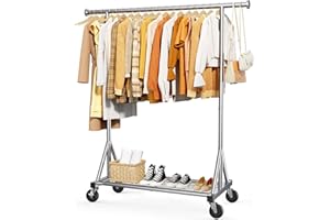 Sakugi Clothing Rack - Heavy-Duty Stainless-Steel Coat & Clothes Rack with Anti-Slip Stoppers, Mesh Shelf & Wheels, Versatile