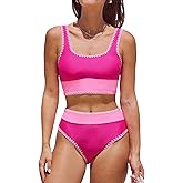 CUPSHE Women's Bikini Sets Two Piece Swimsuit Scoop Neck Tank Wide Straps Midkini Stitching