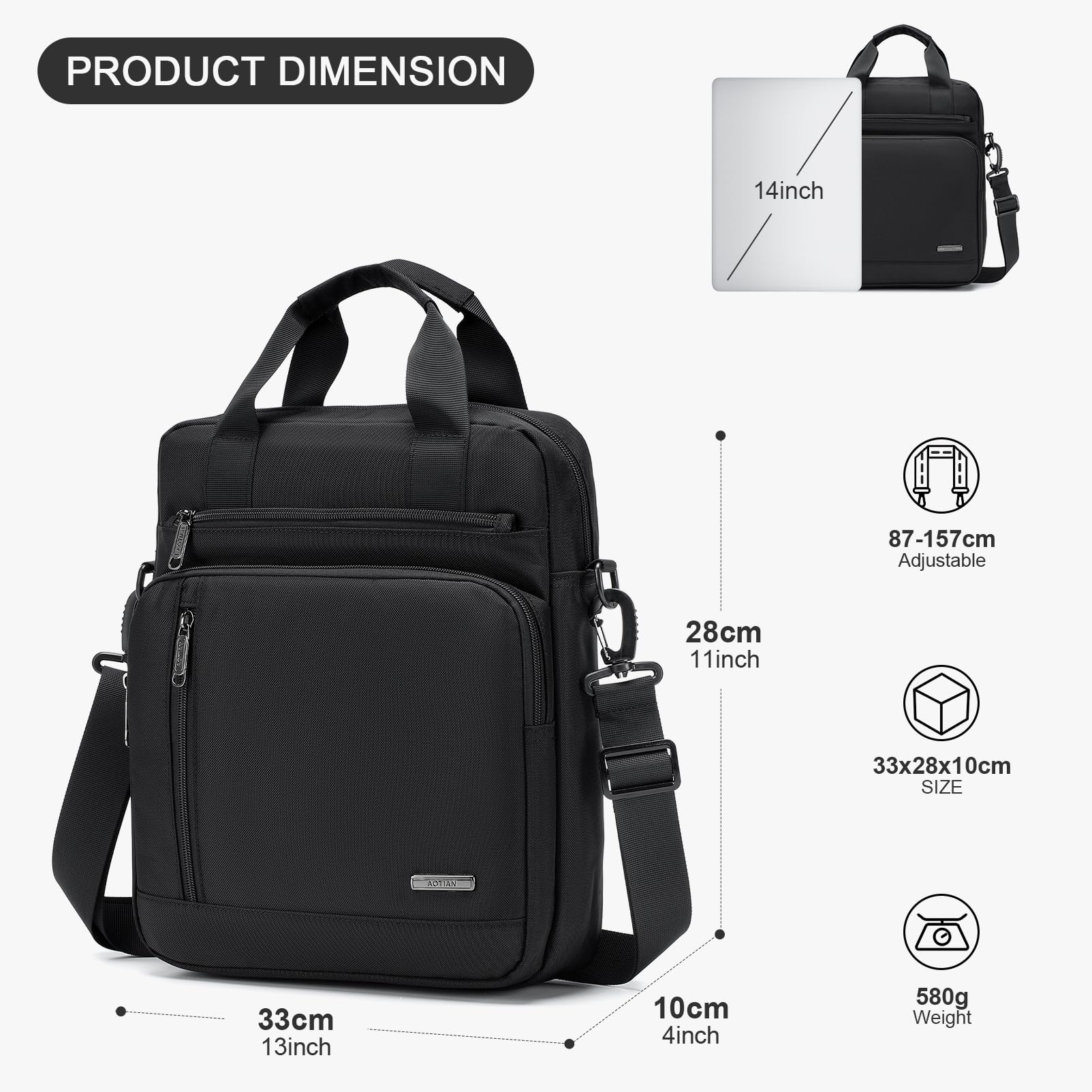 SUCIKORIO Umhängetasche Herren Groß, Multi-Pocket Schultertasche Herren Laptop 14 Zoll 28x33x10cm Wasserdicht Oxford Sling Crossbody Bag Schwarz Herrentasche Mit Oberem Griff für Arbeit, Reise 6