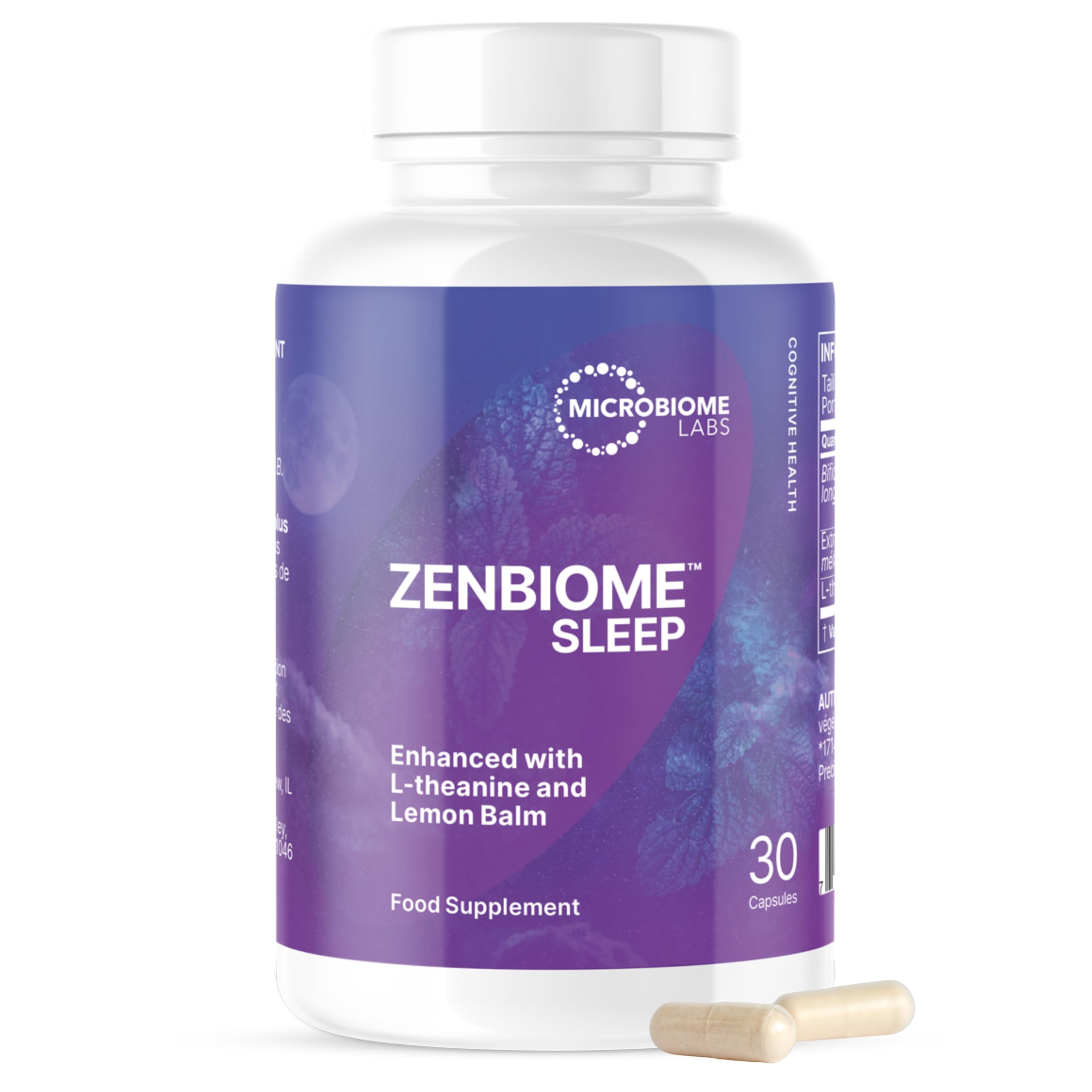 Microbiome Labs ZenBiome Sleep – Clinically Studied Bifidobacterium longum 1714™ Probiotic Supplement with L-Theanine & Lemon Balm – Sleep & Bedtime Support, Shelf-Stable – 30 Capsules