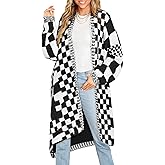 Saodimallsu Womens Checkered Long Cardigans Chunky Oversized Open Front Batwing Sleeve Color Block Knit Sweater Coats