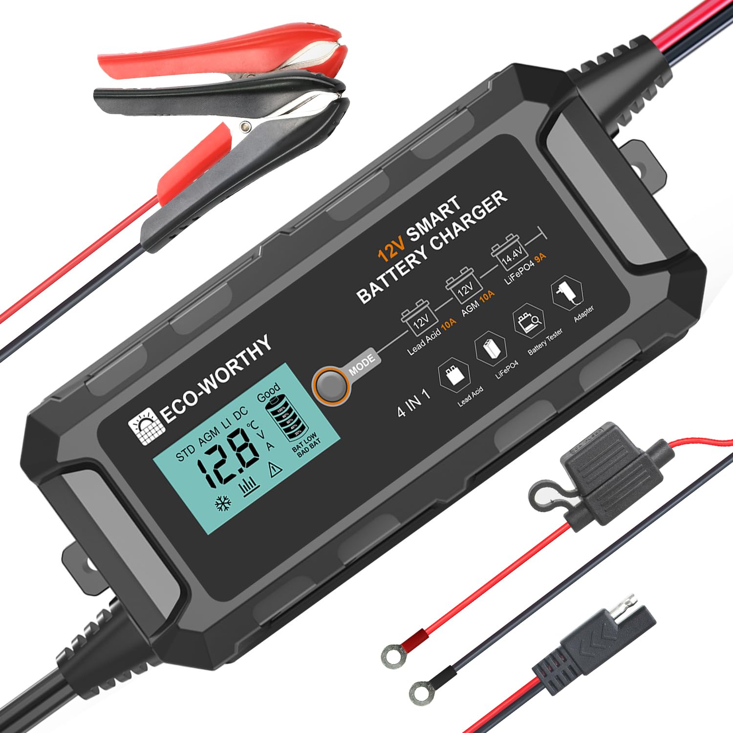 Photo 1 of ECO-WORTHY 10A Lifepo4 Battery Charger 12V, Smart Car Battery Charger Automotive Battery Maintainer, Trickle Charger and Desulfator for Lead Acid Motorcycle Marine Boat