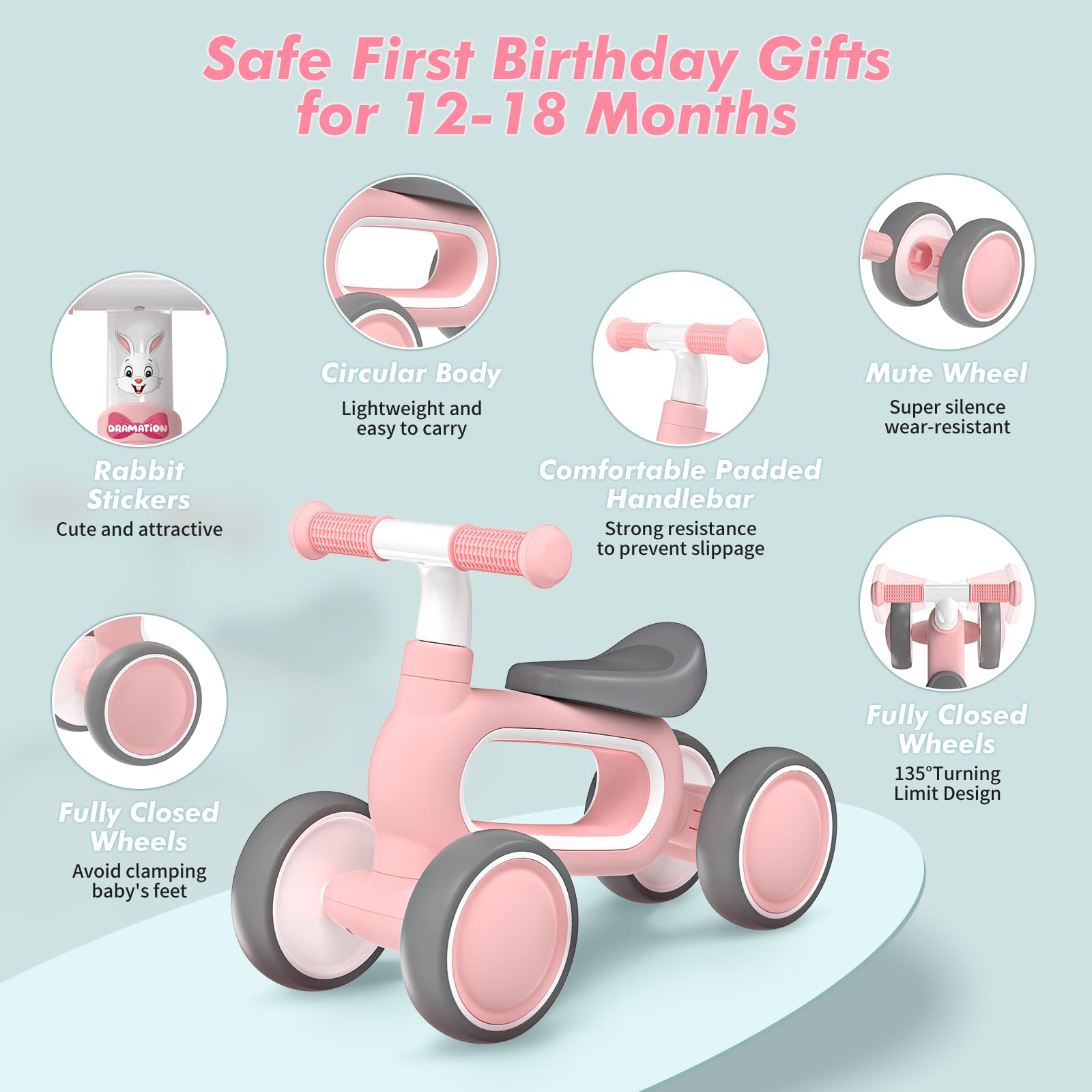 Baby Balance Bike for 1 Year Old Girls Gifts, 10-12 Months No Pedal Toddler Balance Bike with 4 Silence Wheels, 1st Birthday Gift, Ride On Toys for Boys Girls 1 Years Old, Pink