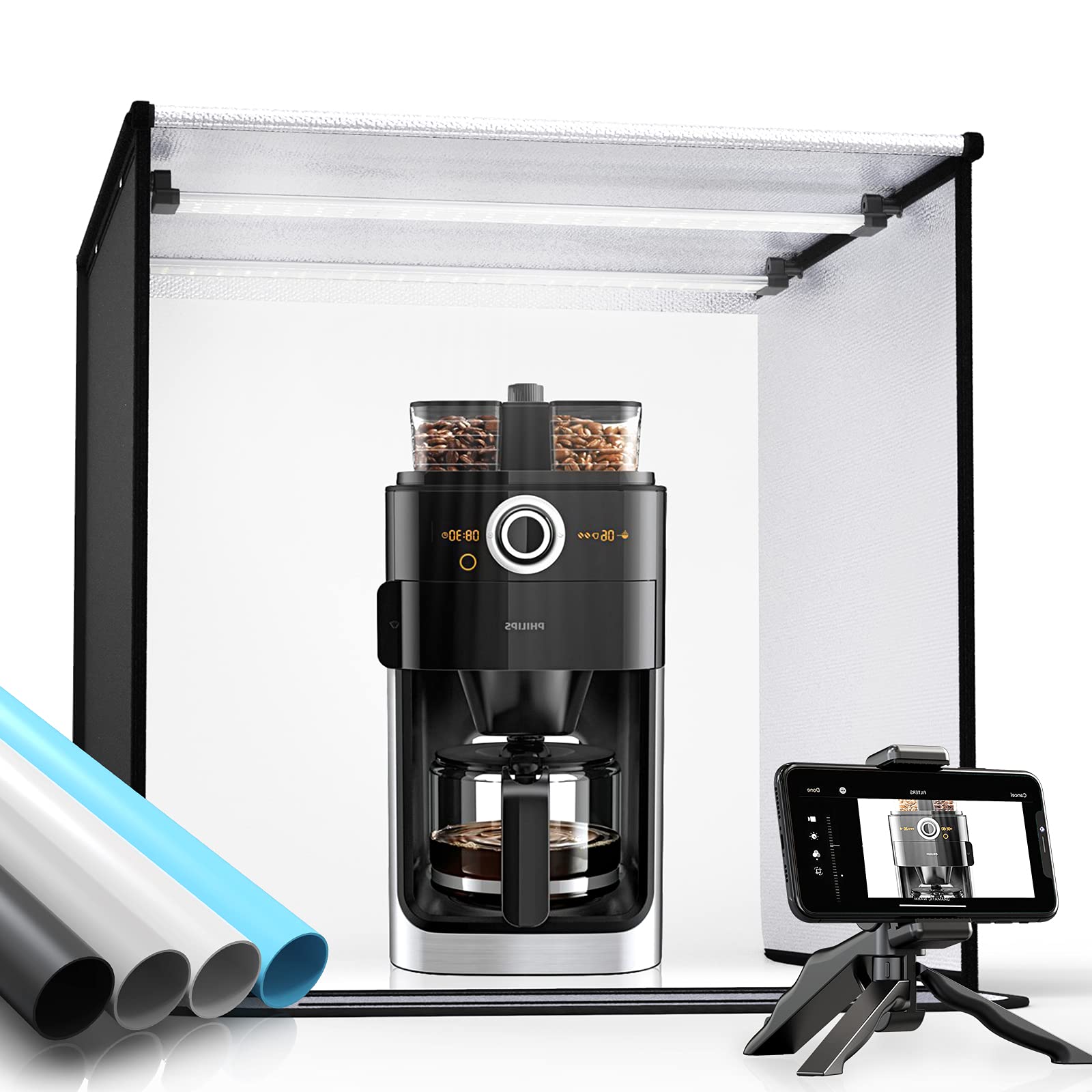 SAMTIAN Photo Studio 60cm/24"*24"*24" Portable Light Box Adjustable Temperature and Brightness 3200K-5500K Shooting Tent, with 2 LED Light Bars, with 4 Backgrounds, Desktop Bracket, Smart Phone Clip