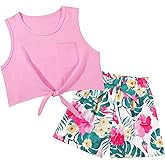 Blaward Girls 2 Piece Short Set Summer Outfits Textured Striped T-Shirt Shorts Kids Casual Clothing for School Sport Vacation