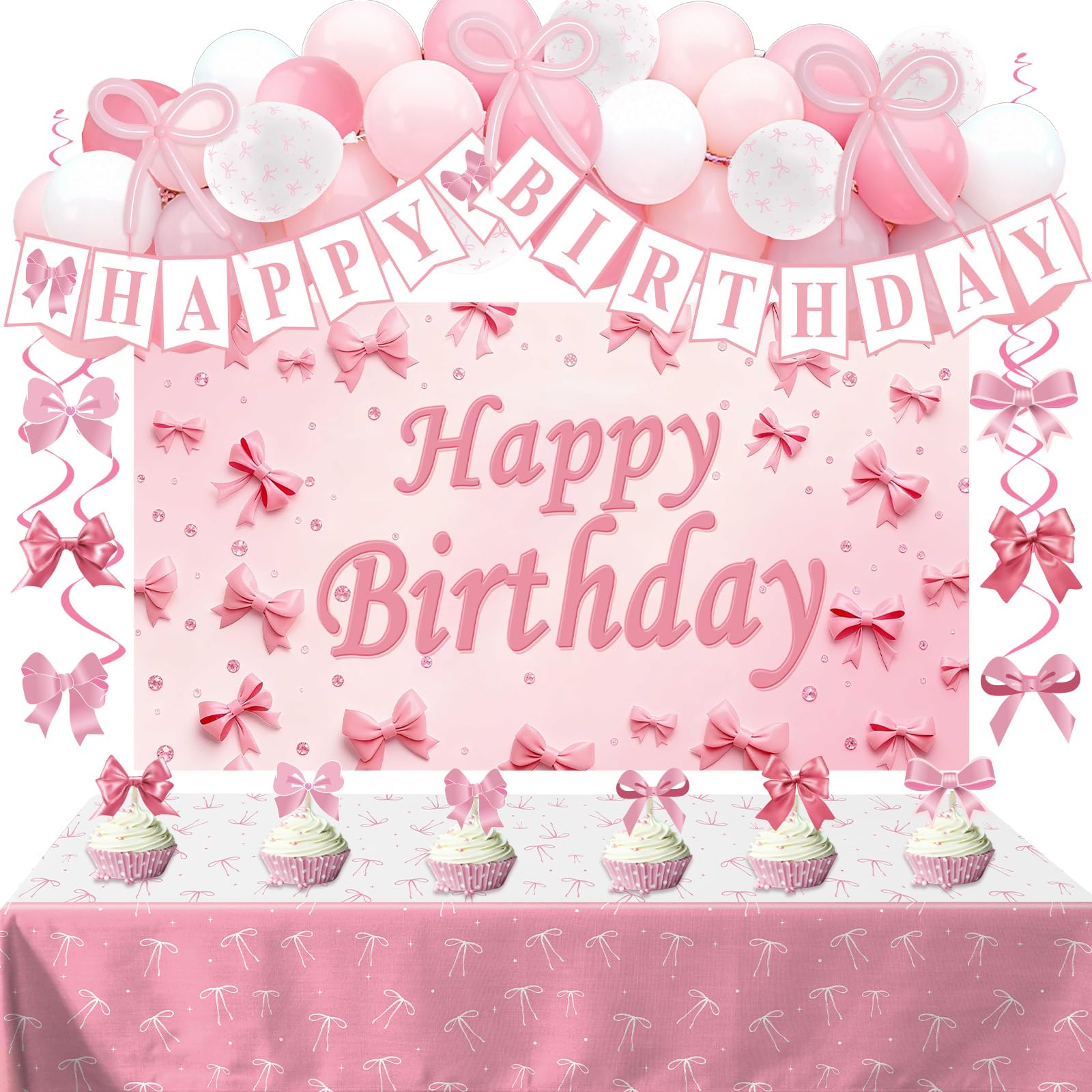 Pink Birthday Decorations for Girls Women, Pink Bow Party Decoration for Women Girls Happy Birthday Decorations Balloons Banner Tablecloth Backdrop Hanging Swirls Decor Balloon Arch Kit