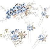BOWINR 5 Pack Wedding Hair Piece Bridal Hair Comb, Blue Flower Rhinestone Hair Accessories Handmade Pearl Crystal Floral Leaf Hair Clip for Women Girls Bride Bridesmaids Prom Wedding Party