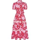 GRACE KARIN Women's 2026 Summer Floral Flowy Dresses Boho Tie Belt Short Puff Sleeve A Line Maxi Shirt Dress with Pocket