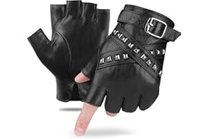 FIORETTO Men Genuine Leather Fingerless Gloves Punk Half Finger Gloves Unlined Sheepskin Gloves for Driving Motorcycle M16519