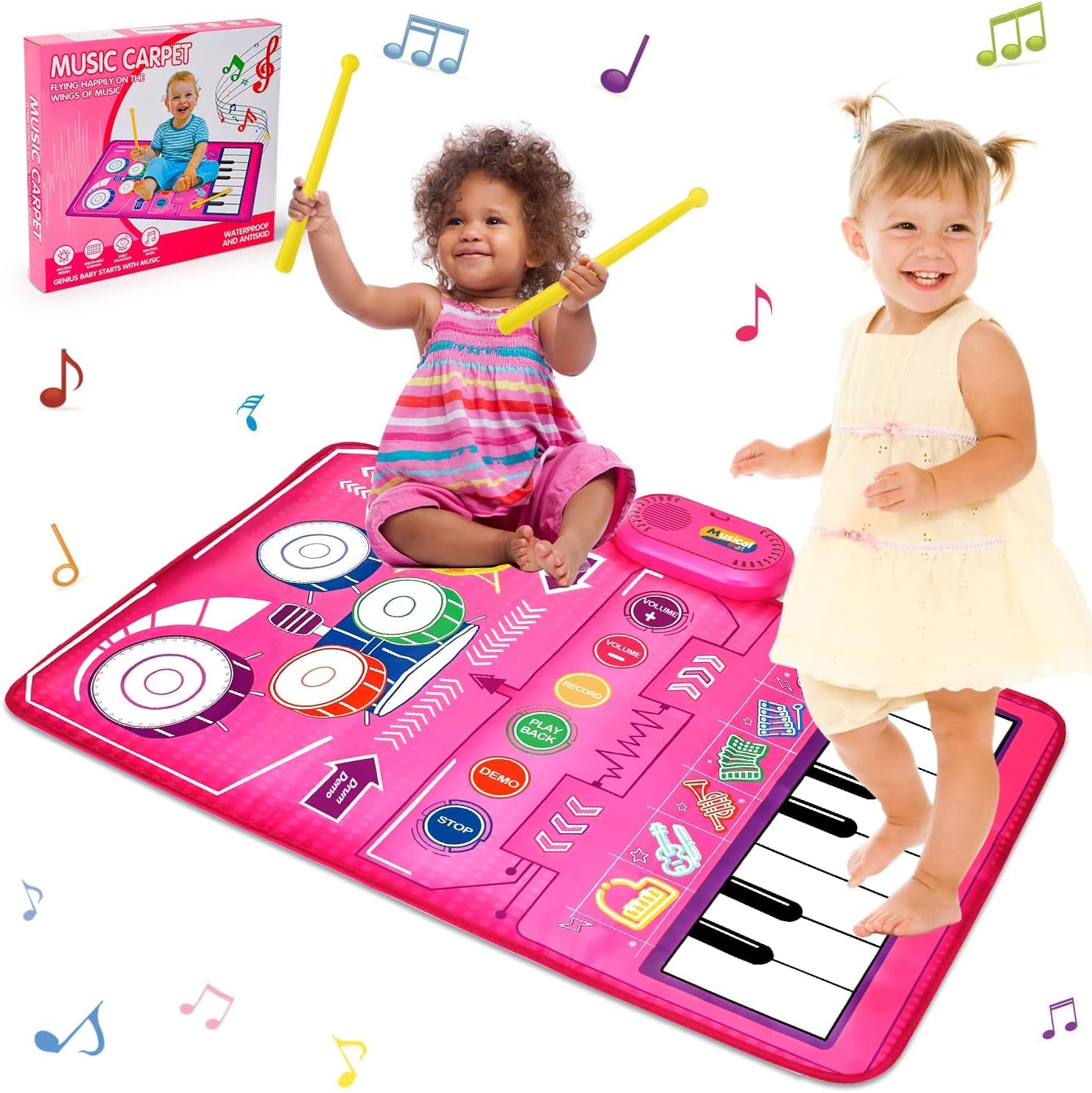 Maggidea 2 in 1 Musical Toys for Toddlers 1-3 Piano Keyboard & Drum Mat, Music Sensory Play Mat Baby Toys for 1 Year Old Developmental Toddler Girl Toys (Pink)