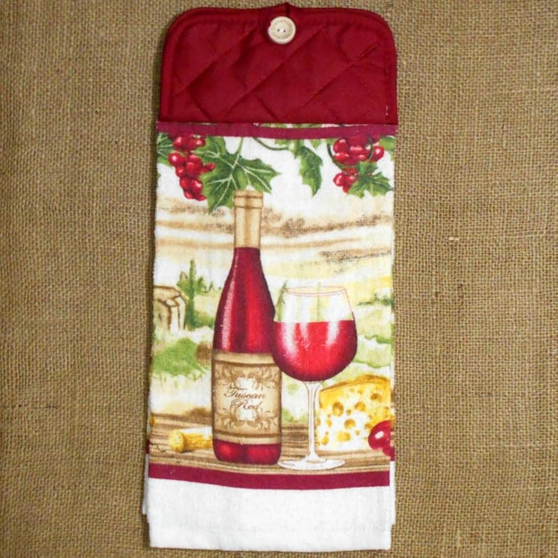 Tuscan Wine Themed Hanging Dish Towel, Kitchen Decor Handmade