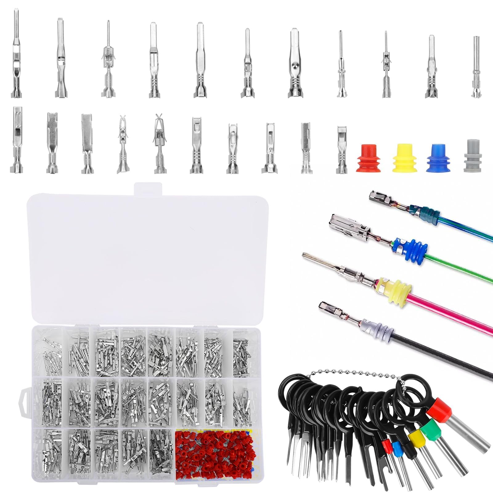 Linkstyle 820pcs Electrical Connector Pins Terminal Kit, 21 Types 1/1.5/1.8/2.2/2.8/3.5mm Non-Insulated Crimp Male Female Wire Harness Pins, with Waterproof Plug and Extractor Tool for Car Repair Boat
