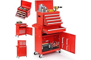 Dawmilon 5-Drawer Rolling Tool Chest with Wheels - High Capacity Tool Cabinet with Detachable Top Toolbox for Garage and Workshop Organization - Metal Tool Cart with Liner & 4 Hooks, Red