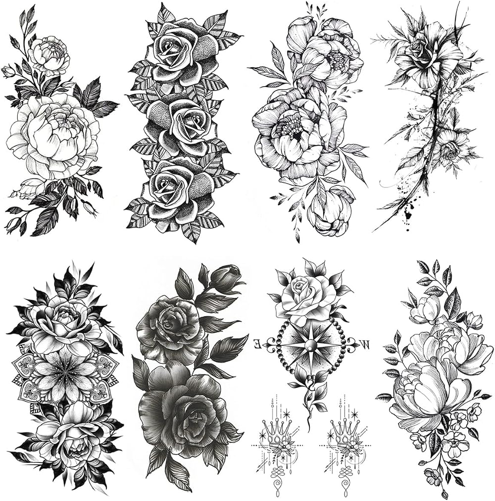 Jagowa 8 Sheets Waterproof 3D Flower Rose Sketch Black White Temporary Tattoo