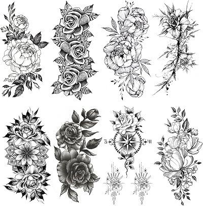 Jagowa 8 Sheets Waterproof 3D Flower Rose Sketch Black White Temporary Tattoo