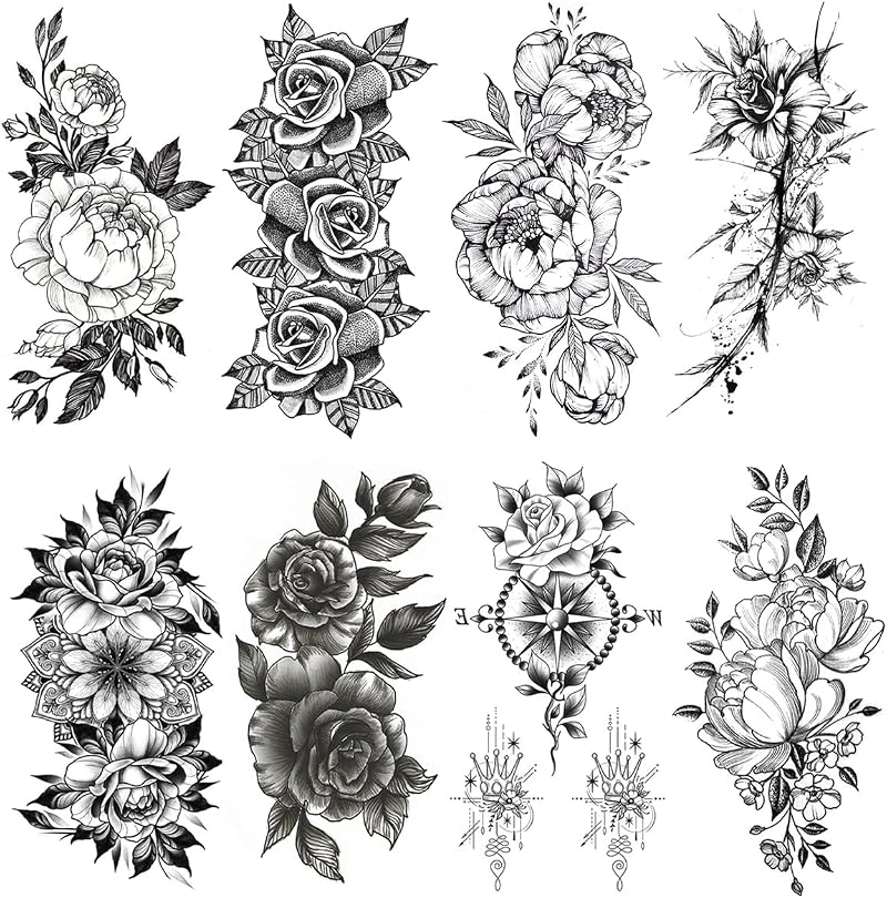 Jagowa 8 Sheets Waterproof 3D Flower Rose Sketch Black White Temporary Tattoo