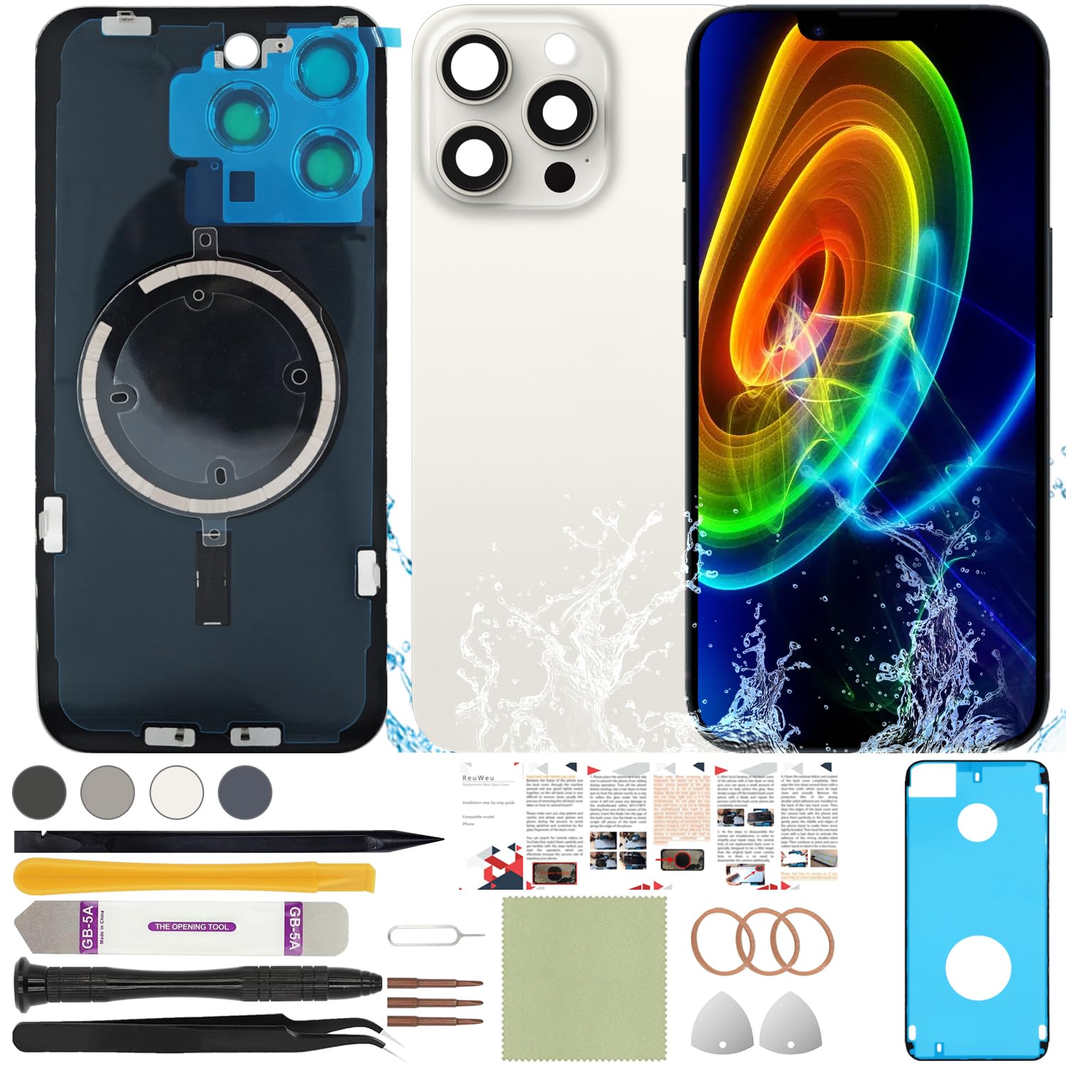 Photo 1 of ReuWeu Back Glass Replacement Compatible with iPhone 15 Pro Max All Carriers 6.7" + Pre-Installed Plate and Camera Frame + Professional Tools (White)