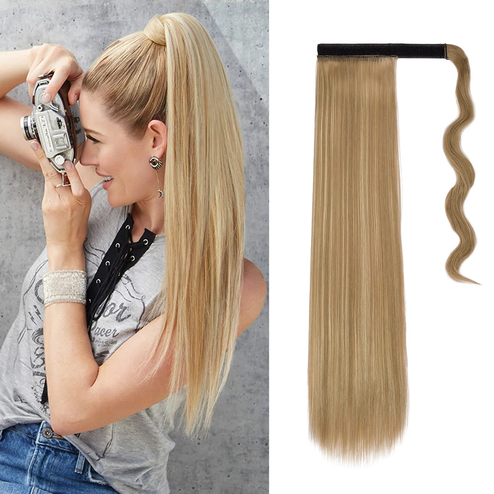 Cybelleza Ponytail Hair Extension Straight Wrap Around Pony Tail Clip in Hair Extensions Hairpiece Synthetic Long for Women (Sandy Blonde&Bleach Blonde)