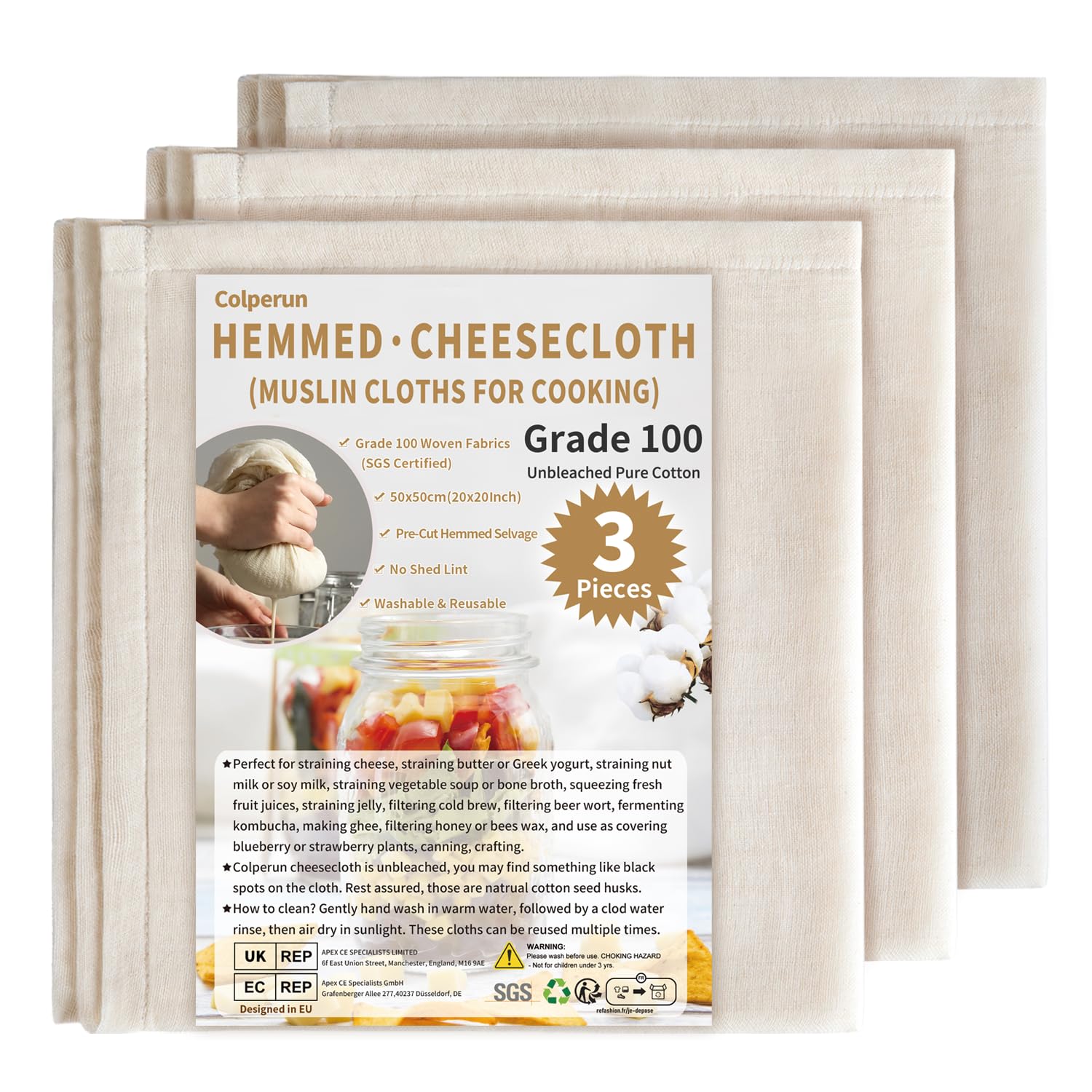 Colperun Cheese Cloths for Straining, 3Pack, Grade 100, 50x50cm Hemmed Muslin Cloths for Cooking Reusable Cheesecloth, Unbleached Cotton Cheese Cloth Muslin Fabric Strainer for Jam, Butter, Juicing