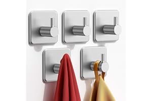 AUXMIR Adhesive Hooks Heavy Duty 22lb(Max) Wall Hooks, 5 Pack Self Adhesive Damage Free Utility Hooks Stainless Steel for Towel Coat Robe, Waterproof Oilproof Rustproof for Bathroom Shower Kitchen Office