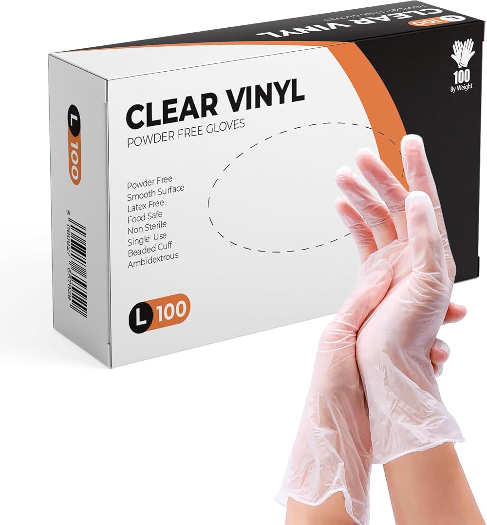 PRAIMA Clear Vinyl Gloves 100 Count Large Disposable Powder Free Latex Free