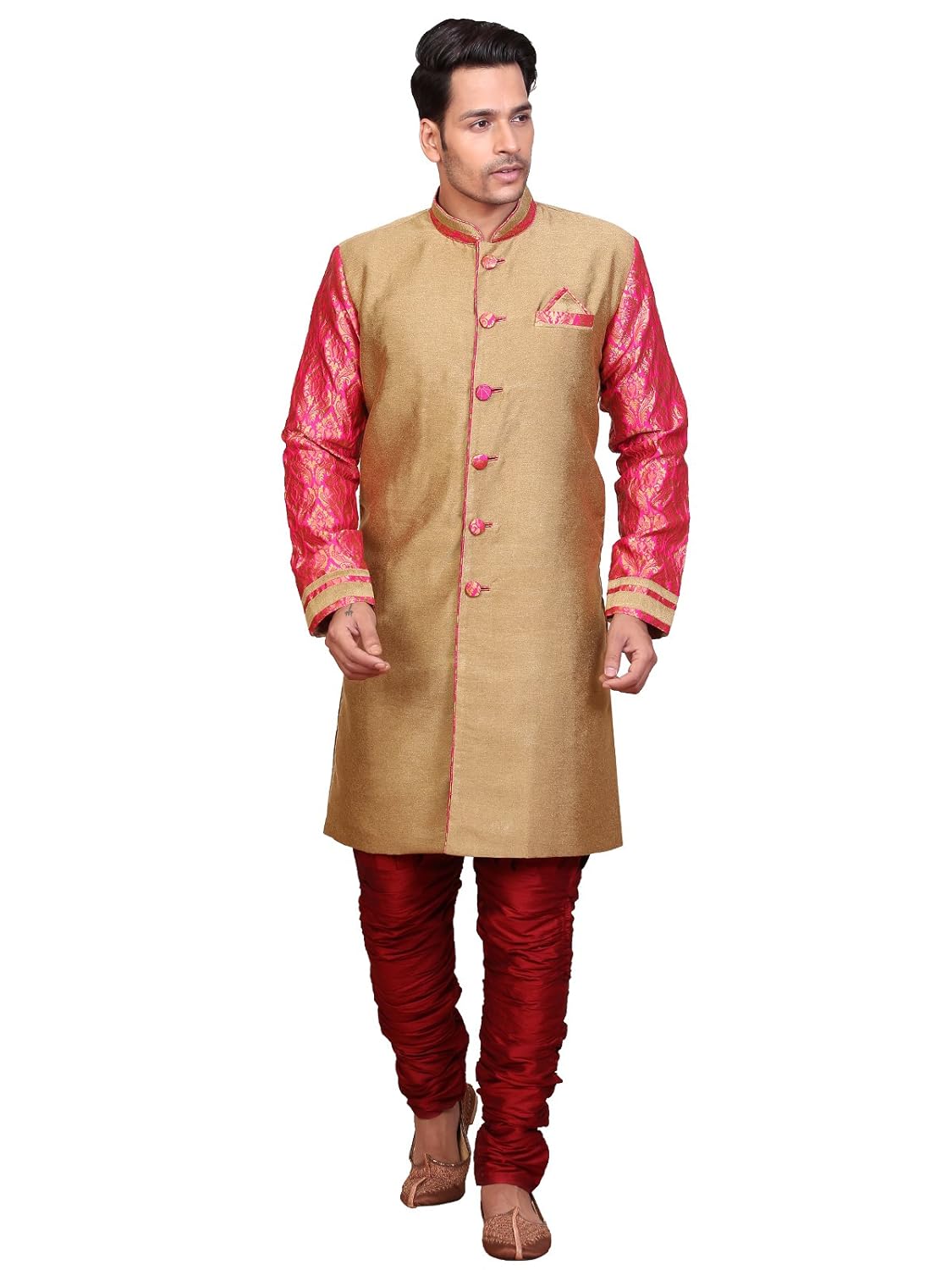 a.b.c. garmentsgolden sherwani with maroon printed sleeve for mens