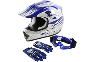 XFMT DOT Youth Kids Motocross Offroad Street Dirt Bike Helmet Youth Motorcycle ATV Helmet with Goggles Gloves Blue Flame S