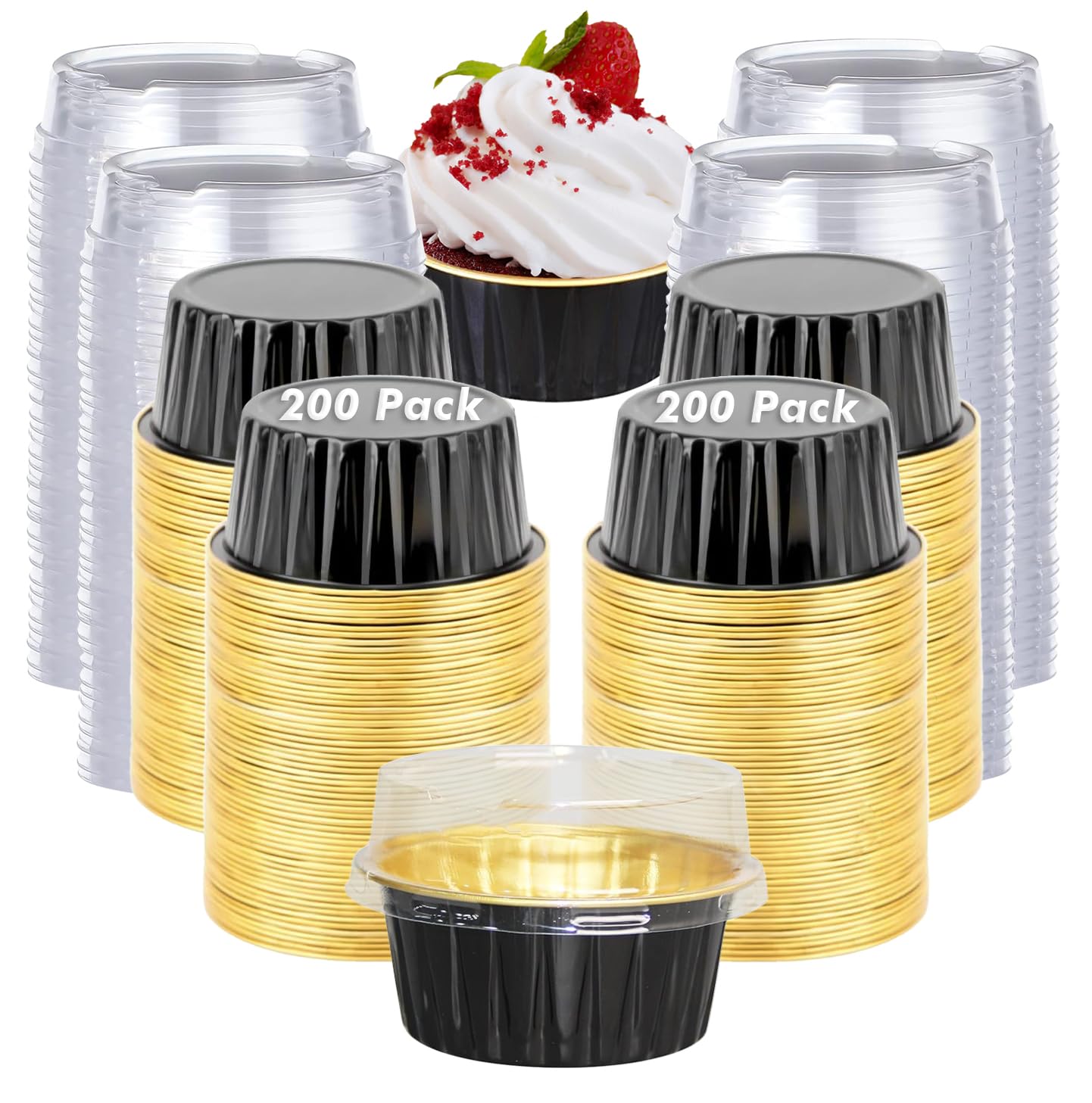 Photo 1 of WYIPOLZI 200 Pcs Aluminum Cups with Lids 5oz Aluminum Foil Baking Cups Disposable Cupcake Liners with Lids, Mini Cake Tins Foil Cupcake Containers for Party Wedding Birthday (Black/Gold)