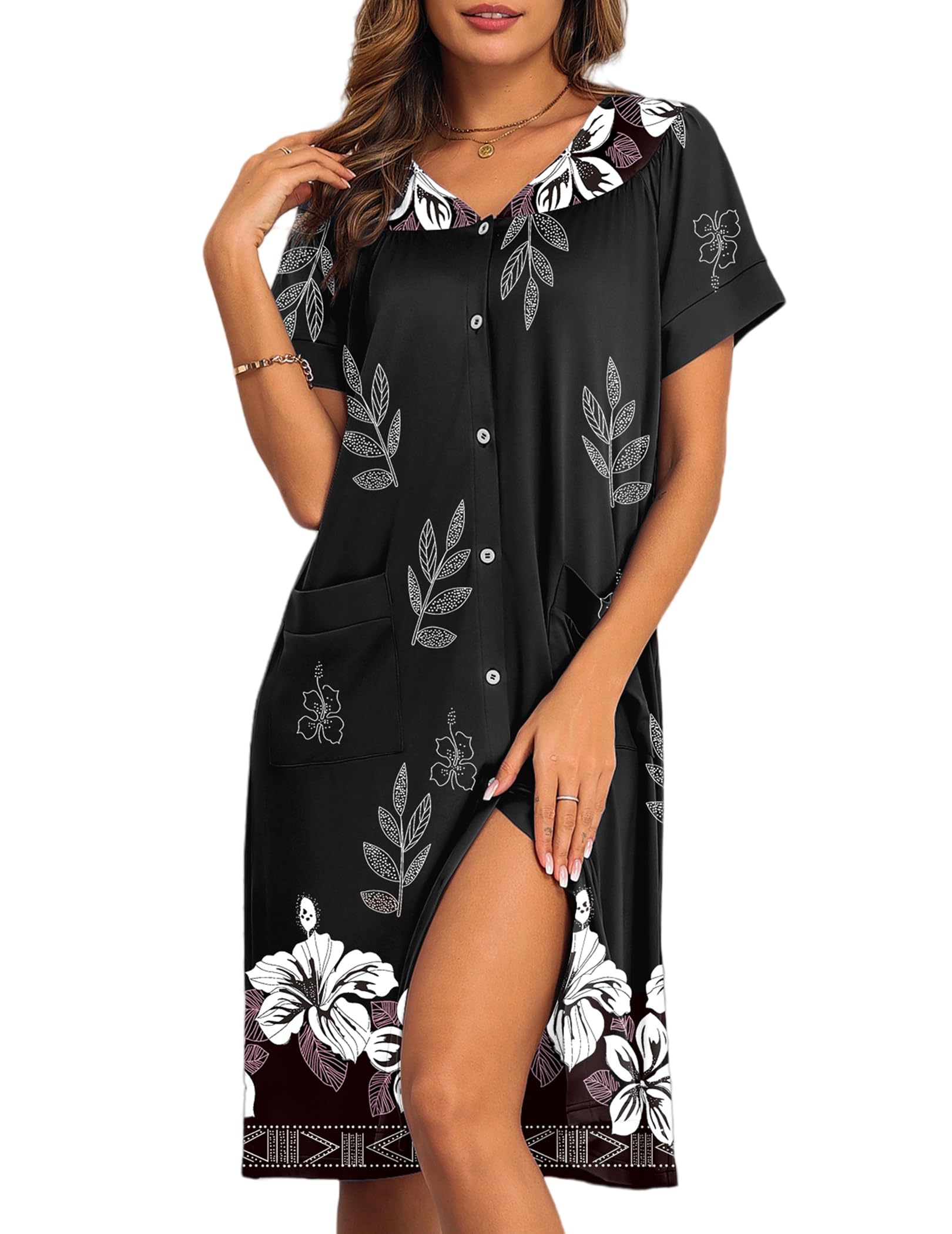 Photo 1 of Ekouaer House Dresses for Women with Pockets Button Down Nightgowns Plus Size Moo Moos Mumu Dresses Black Floral 3XL