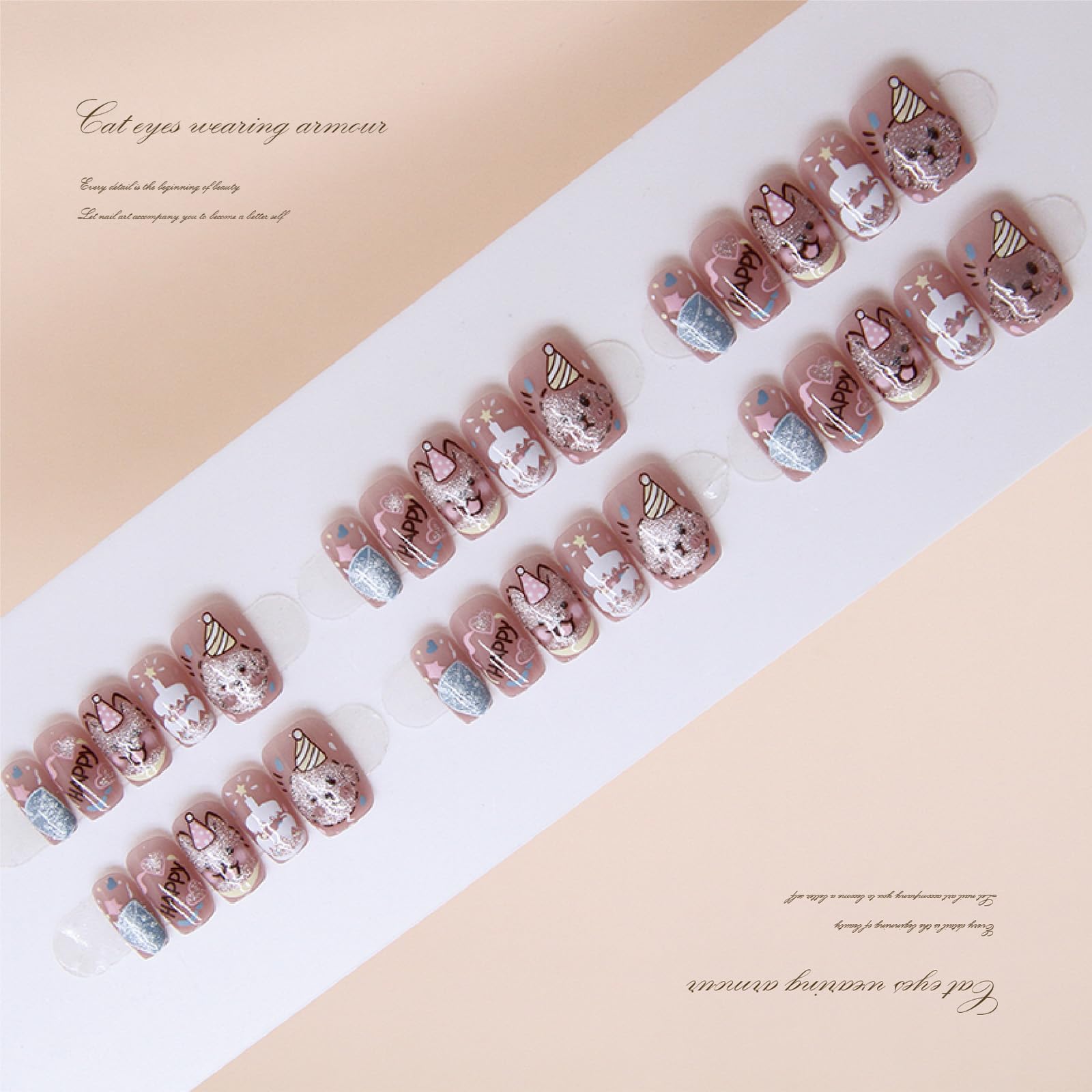 30Pcs Cartoons Puppies Dogs Press on Nails for DIY Manicure Glossy Cat Eye Acrylic Short Square False Nails Gel Glue on Nails Happy Birthday Fake Nails Stick on Nails for Women Girls Cute Dogs Design - Image 2