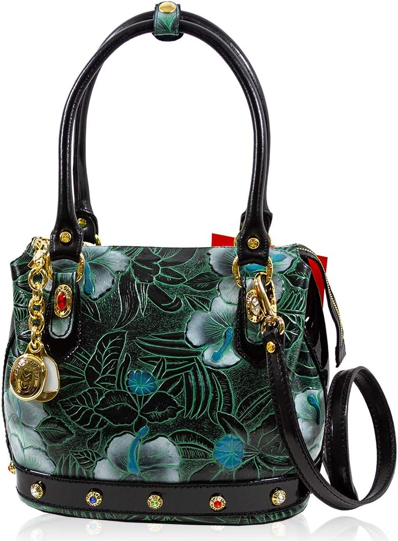 Women's Small Italian Designer Handbag Crossbody PurseTote Emerald Alligator Embossed Genuine Leather Top Handle Retro Messenger Bag with Tassel and Swarovski