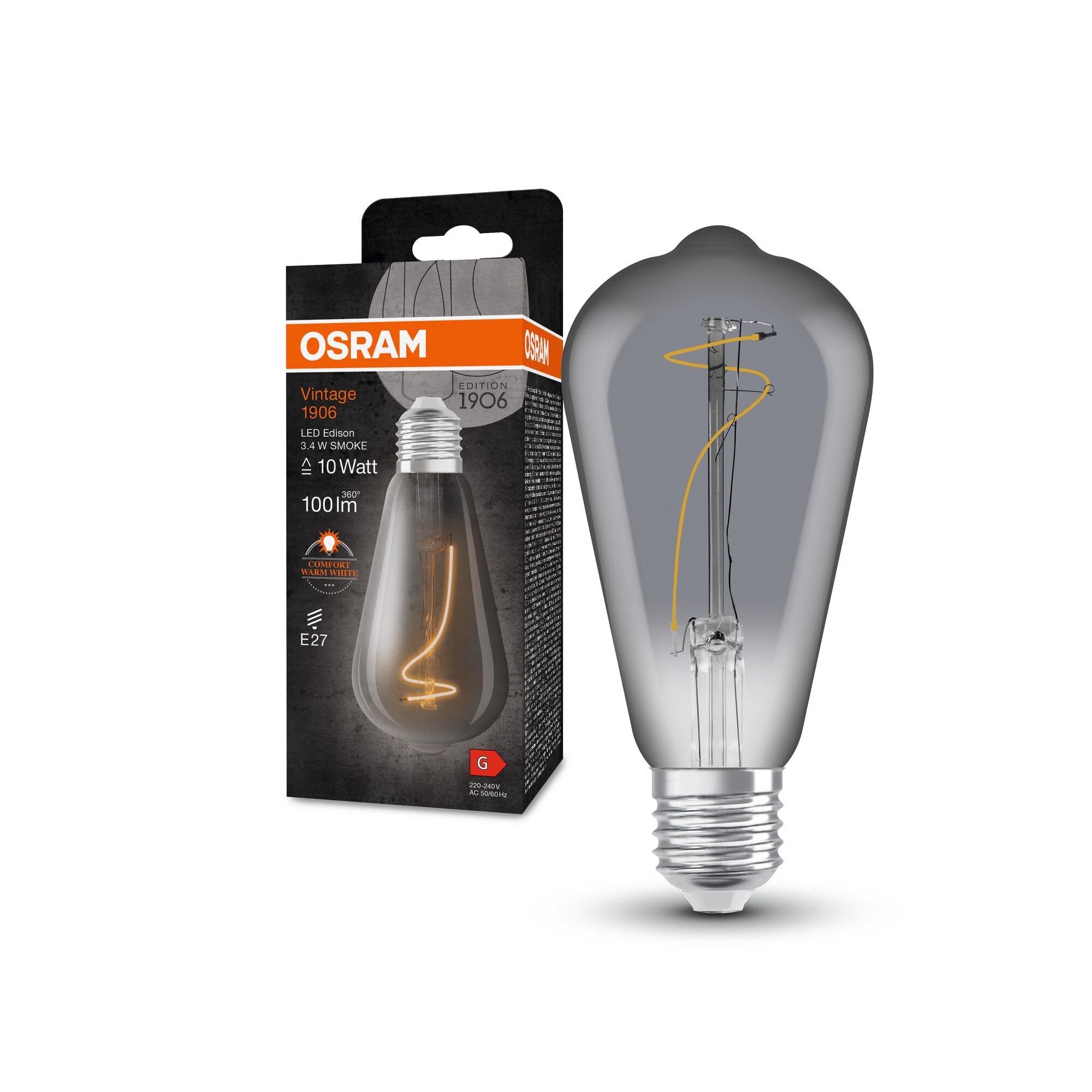 OSRAM Vintage 1906 Led Lamp with Smoke Tint, 3.4W, 100Lm, Edison Form with 64Mm Diameter and E27 Socket, Warm White Light Color, Non-Dimmable Filament, Up to 15,000 Hours of Lifespan