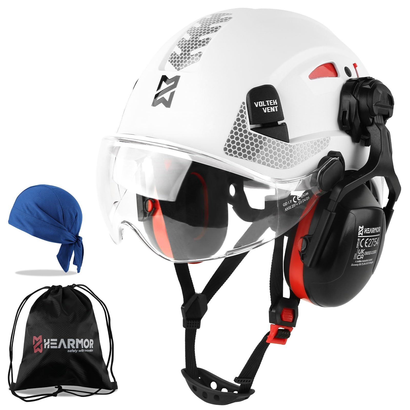 HEARMOR ANSI Z89.1 & EN397 Certified Safety Helmet/Hard Hat with Ear Protection – Lightweight Vented Work Helmet Kit, 6-Point Suspension System – Ideal for Industrial & Construction Professionals