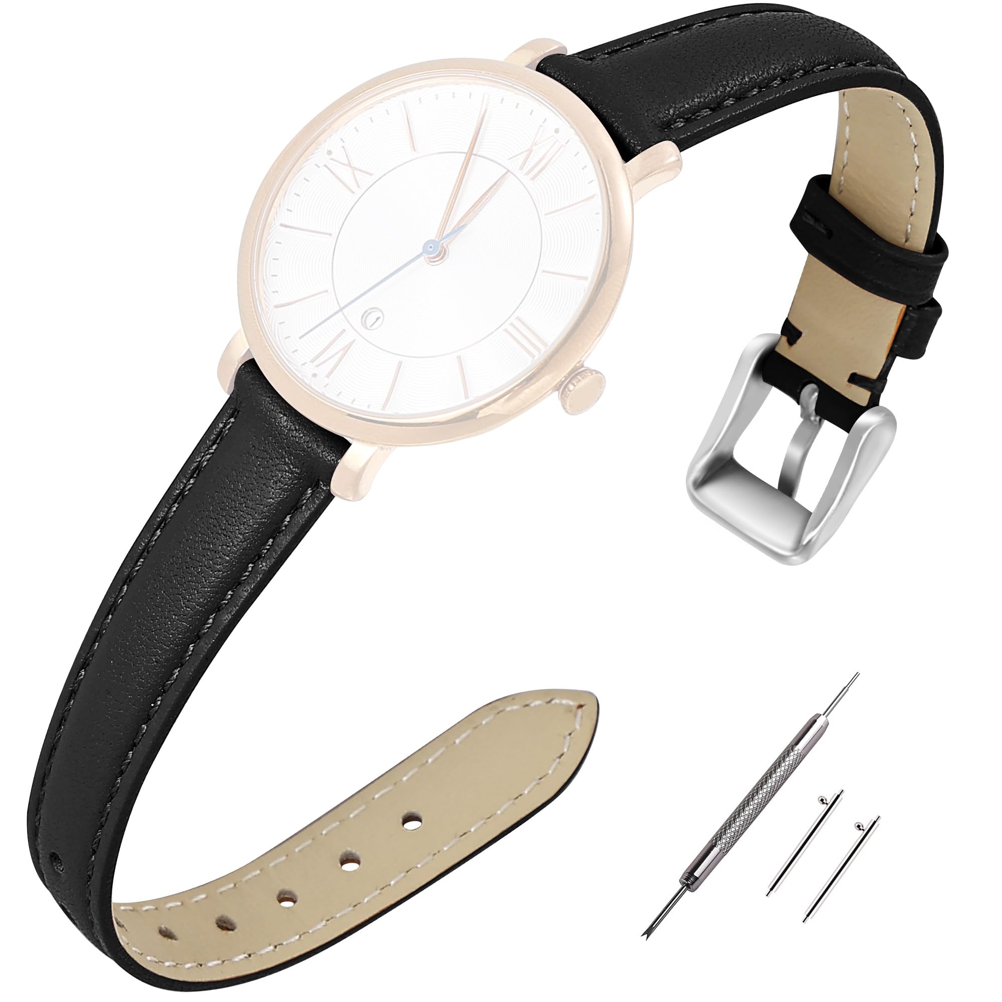 Photo 1 of EACHE 14mm Leather Watch Bands for Women Ladies Quick Release Black Leather Watch Band Replacement Strap with Silver Buckle