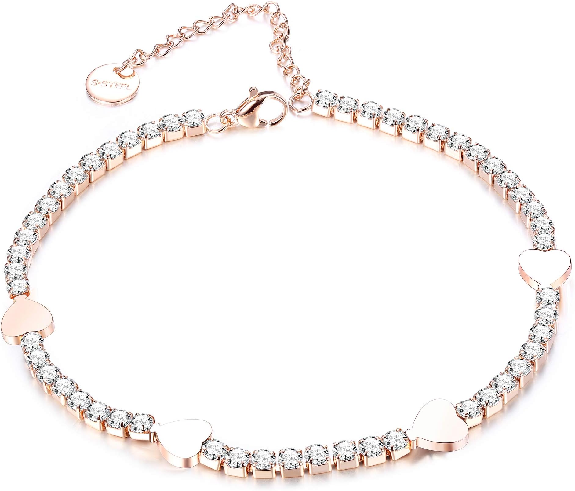 Stainless Steel Anklet for Women Heart Tennis Ankle Bracelet, Anti-Oxidation, 9”+2”