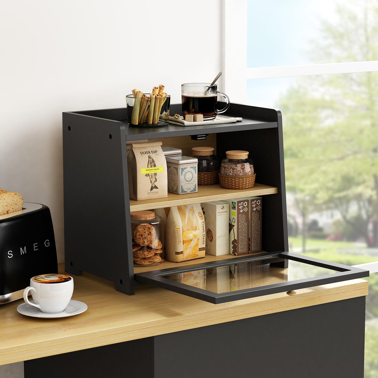 Black Bread Box for Kitchen Countertop, Large Bread Storage Container for Homemade Bread, Wood Farmhouse Breadbox Organizer for Kitchen Counter Corner, Cabinet, Pantry, Cupboard (Black)