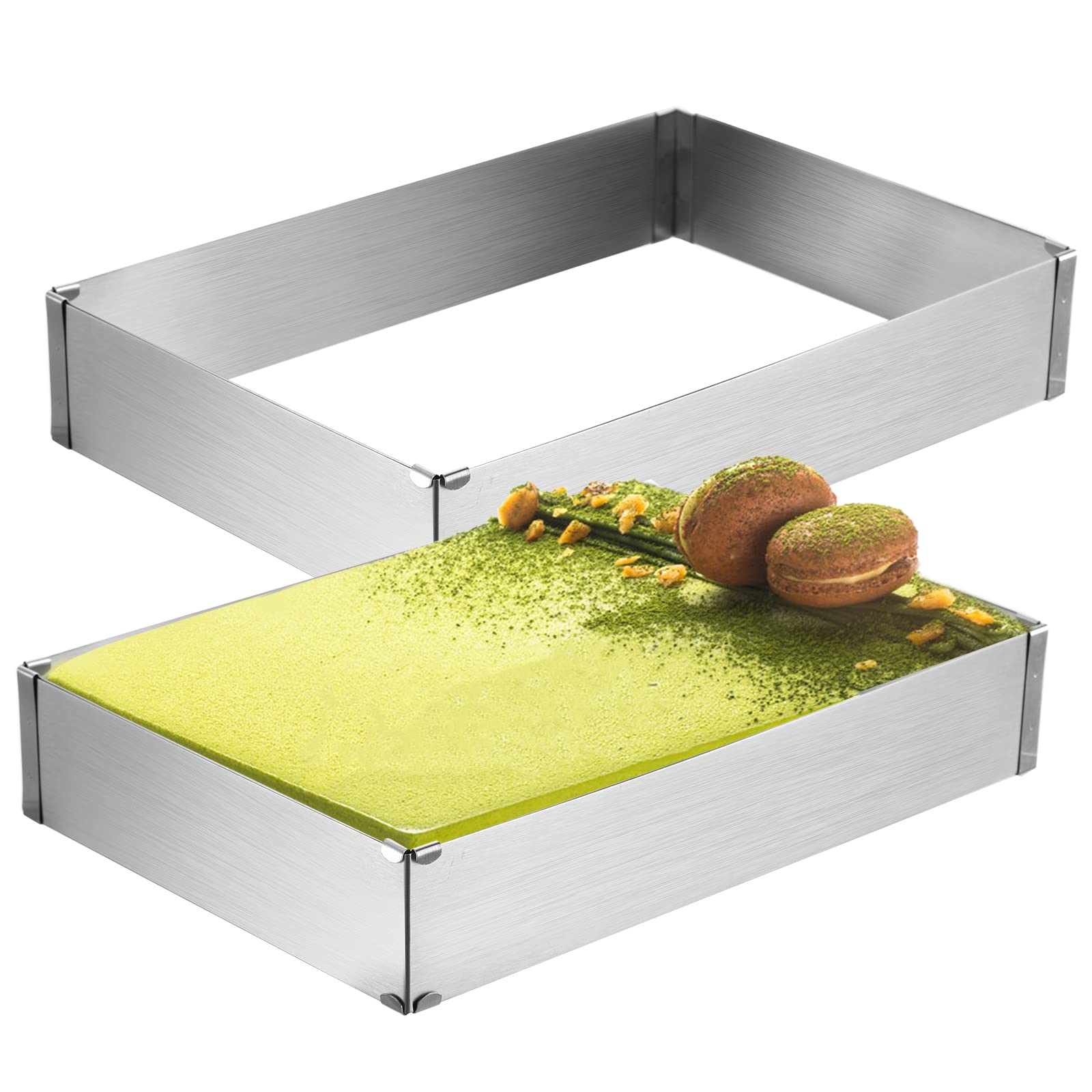 Tebery 2 Pcs Square Baking Cake Tin, Adjustable Cake Tins Rectangular Mousse Cake Mould, Stainless Steel Cake Ring, for DIY Mousse Cake Dessert Pizza, 18 to 33 cm